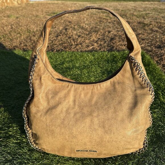 Michael Michael Kors Purse Leather Hobo Taupe Braided Chain Shoulder Bag - Picture 1 of 16